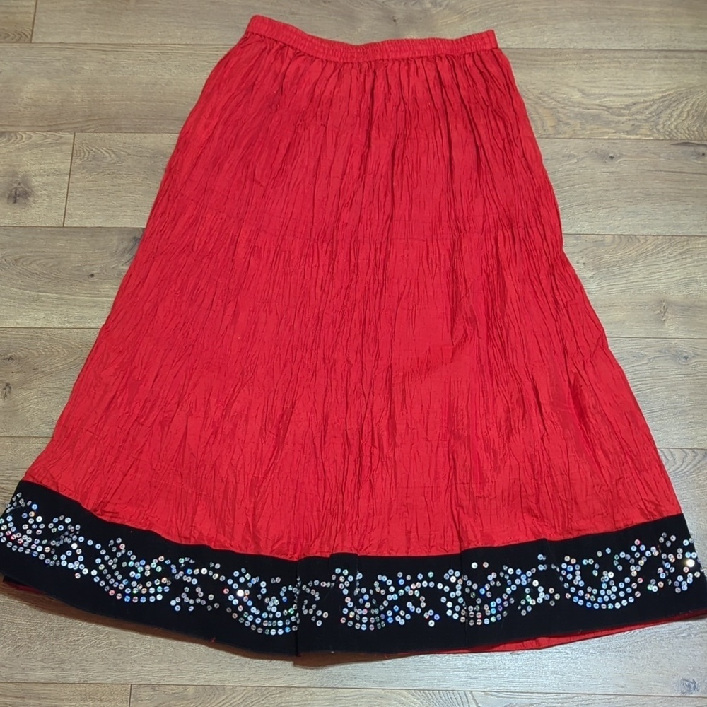 Zashi Boho Gypsy Witch Red A-Line Crinkle Skirt Silk Blend Black Velvet Hem M